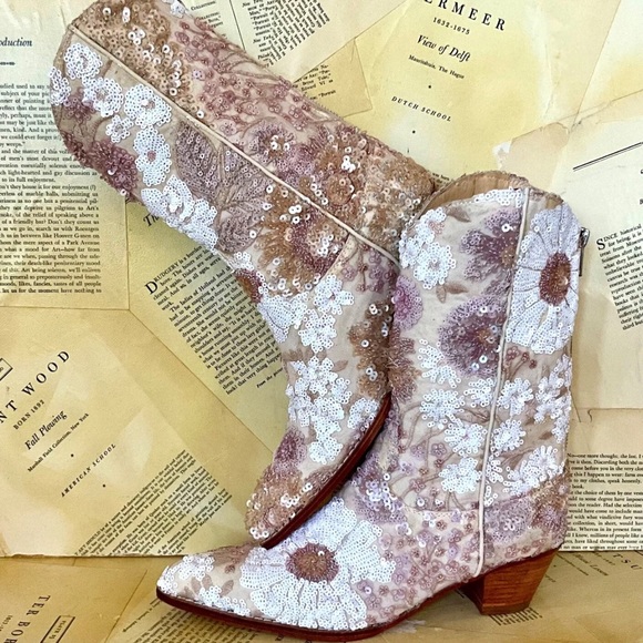 Free People MOMO Selina Embellished Boot Floral Sequin Cream Nude Zip - Picture 3 of 10